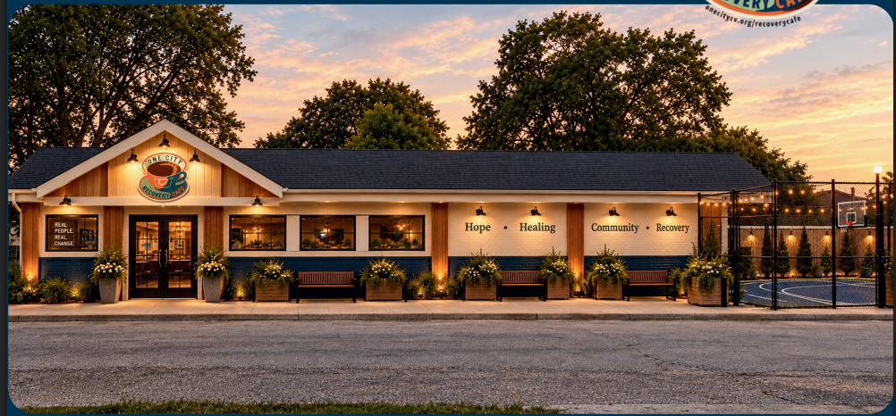 One City Recovery Cafe exterior preview at dusk