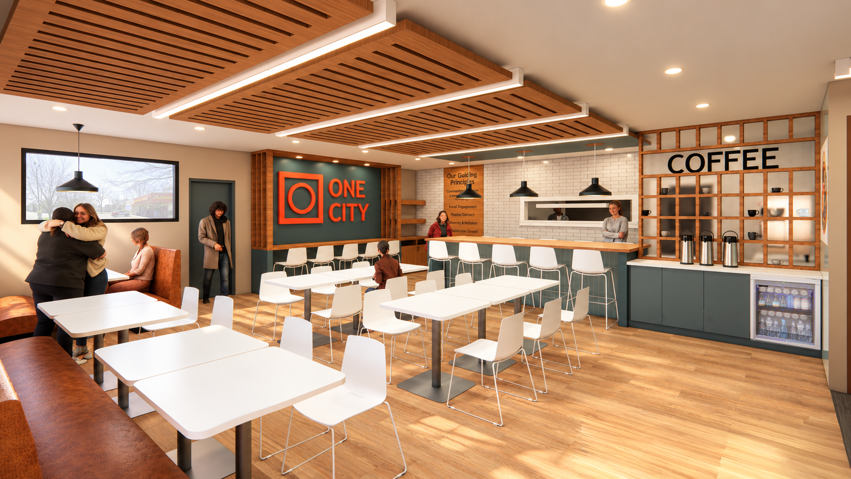 Interior café dining and hospitality space rendering