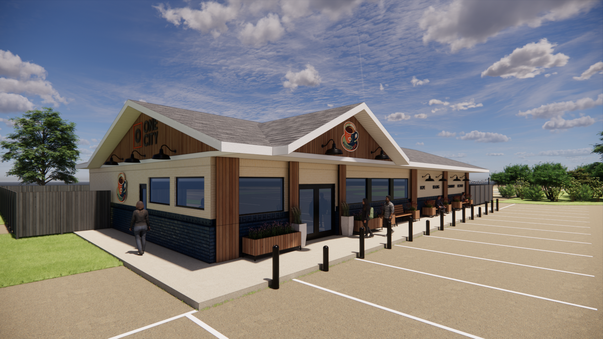Northeast corner exterior rendering of One City Recovery Cafe